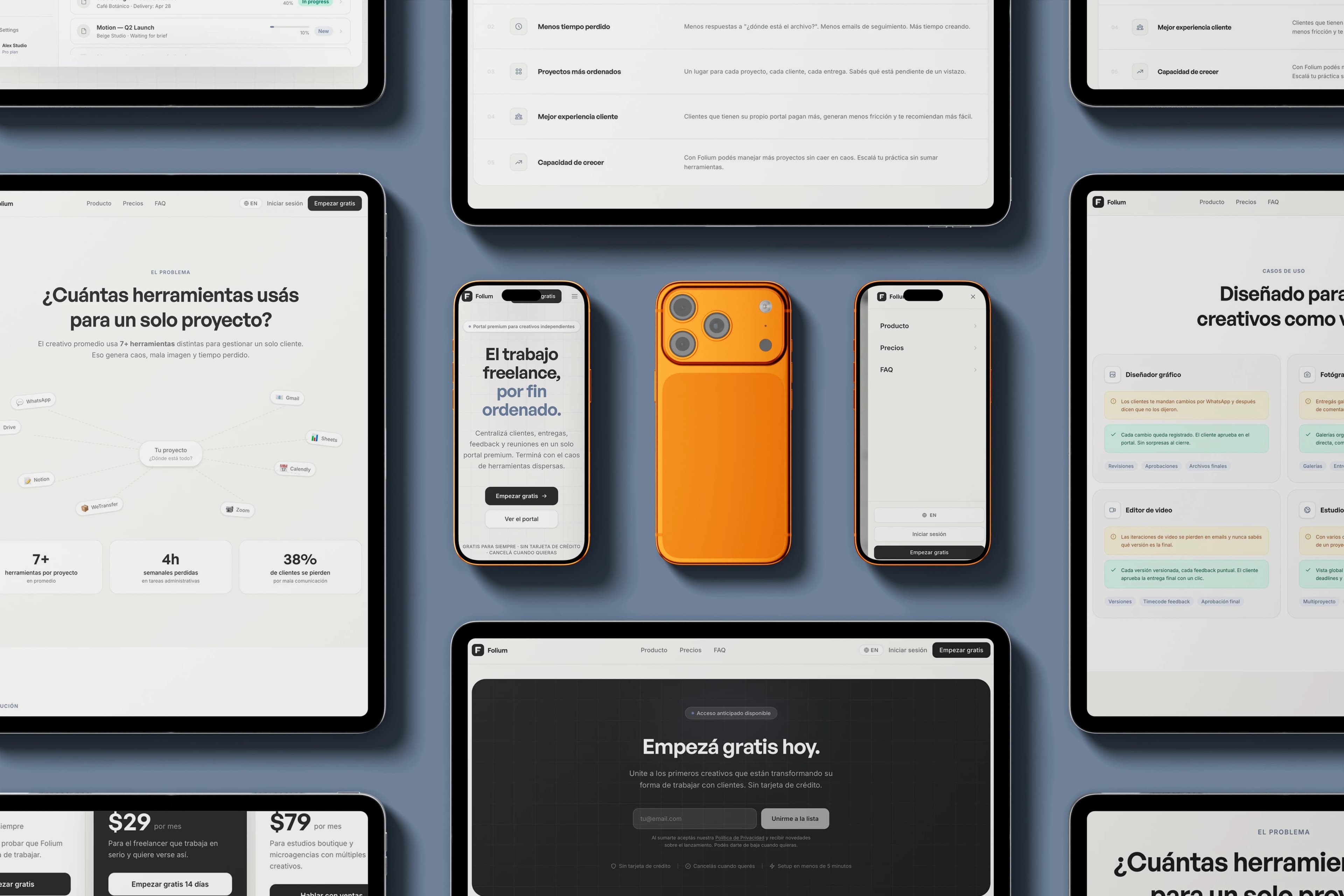 Pantalla principal del caso Folium: SaaS · Landing · UX · UI · Estrategia de producto · Design System